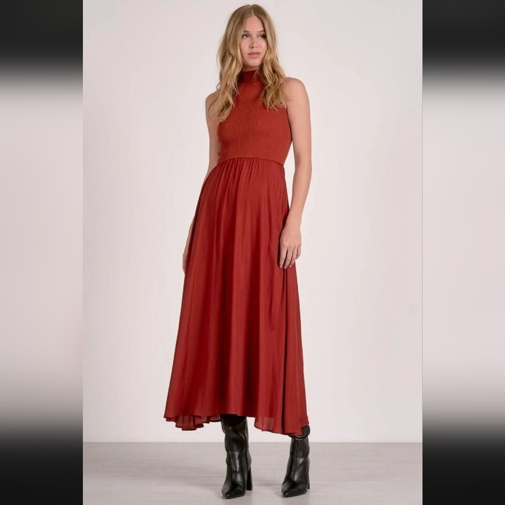NWT Elan Mock Neck Sleeveless Knit & Silky Viscose Maxi Dress Large
